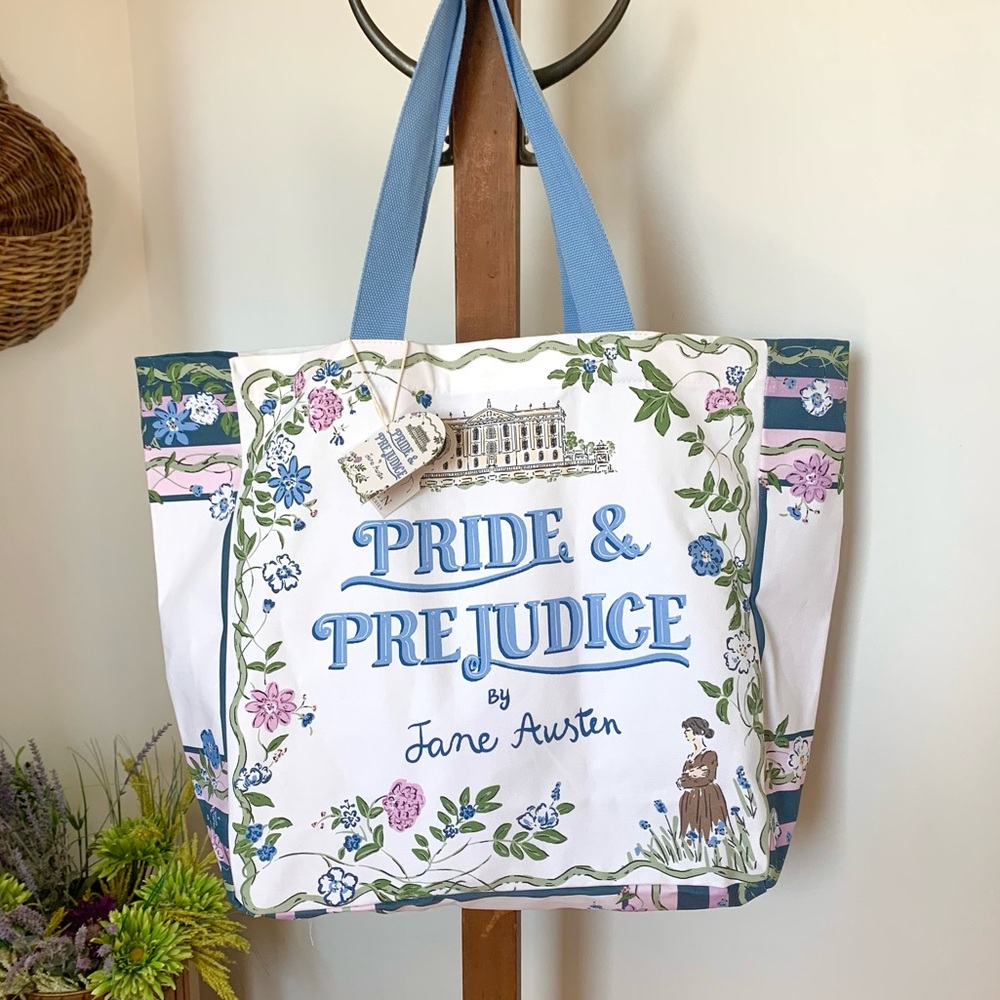 NEW Pride & Prejudice Jane Austen Viral Tote Bag Large Canvas Carryall blue NWT